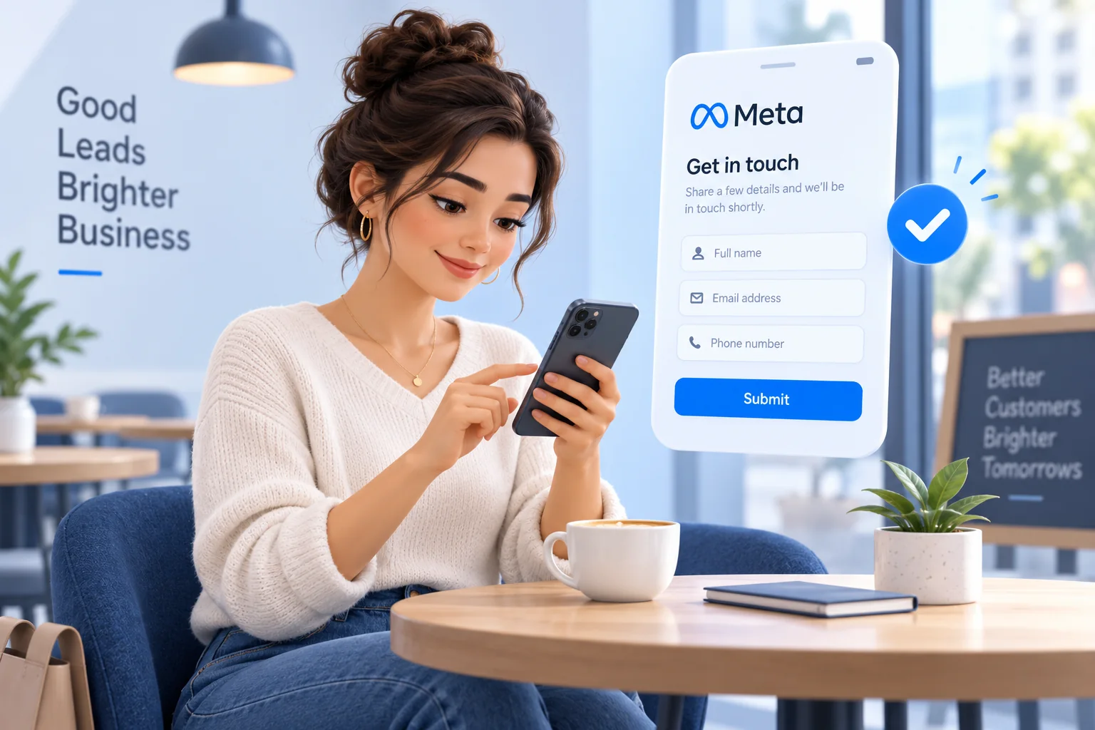 Illustration of a customer submitting a Meta lead form on a smartphone